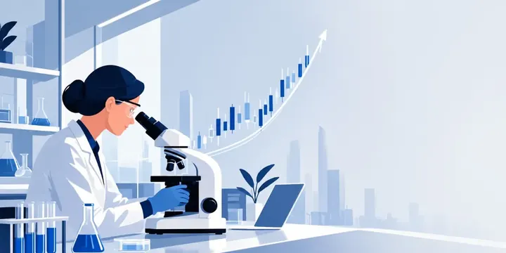 Clean laboratory scene blended with an upward stock chart