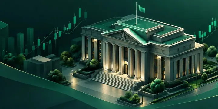 Classical central bank building facade with subtle financial chart overlays