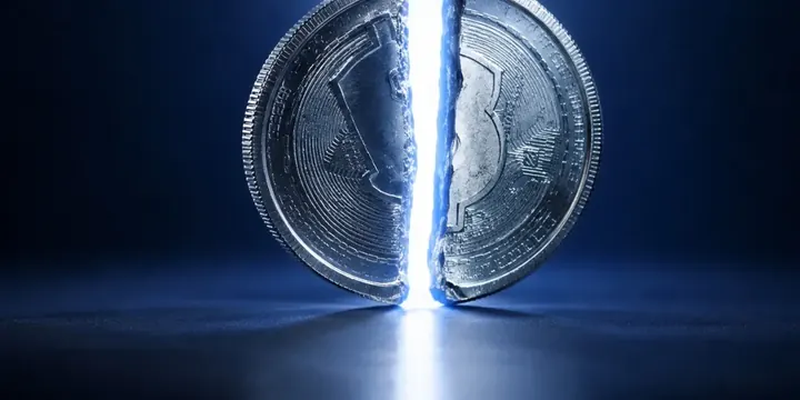 Coin being split into two halves by a beam of light