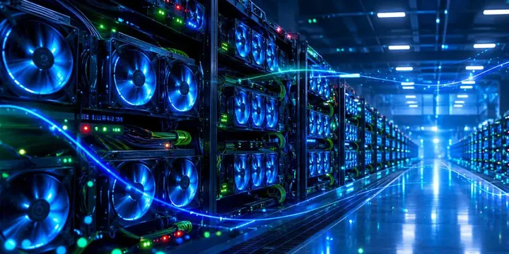 Rows of mining rigs with glowing fans in a dark data center