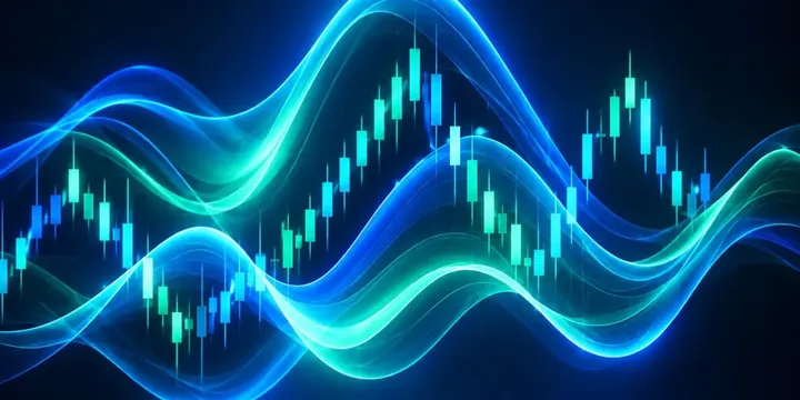 Abstract waves of light representing market volatility across currency charts