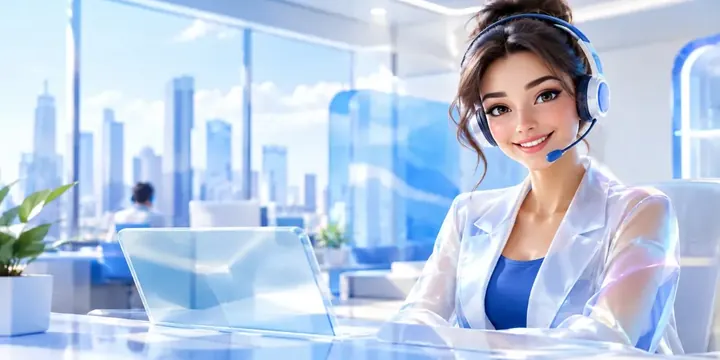 Friendly support agent with a headset in a bright modern office