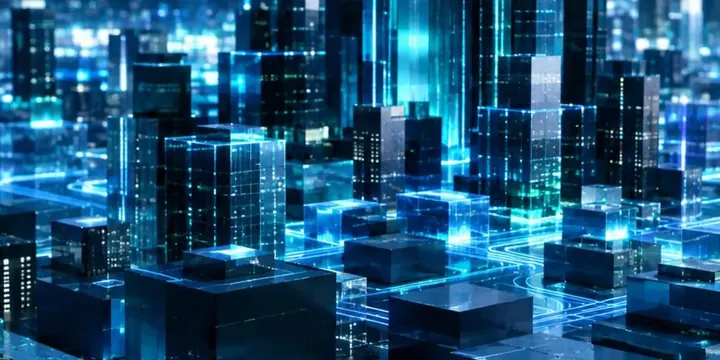 Digital city built from blocks and light paths
