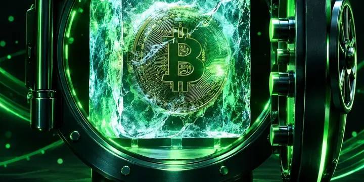 Frozen ice block encasing a crypto coin in a secure vault