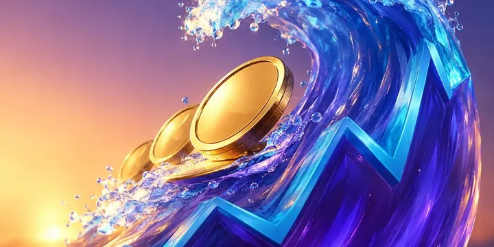 Coins surfing on a huge wave shaped like a price chart