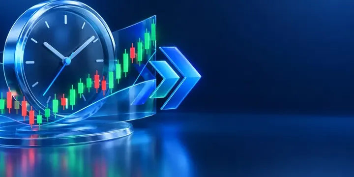 Clock merged with a crypto chart and forward arrows
