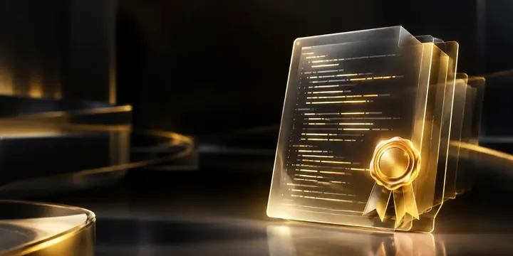 Transparent document made of code lines seaLED with a glowing stamp