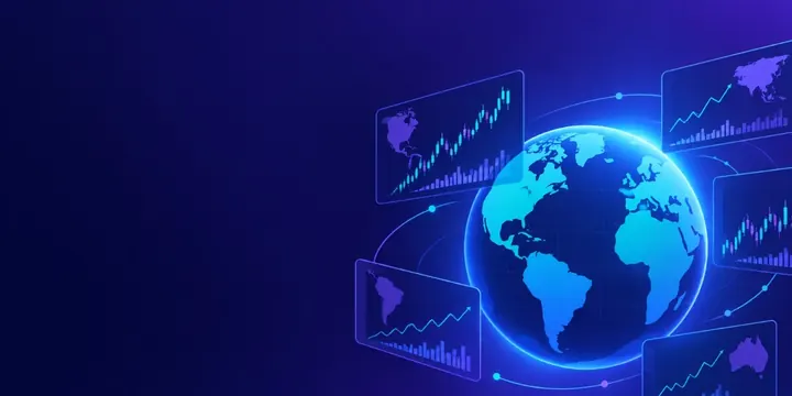 Globe surrounded by floating stock charts from different regions