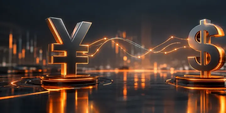 Stylized yen symbol and dollar symbol connected by glowing price lines