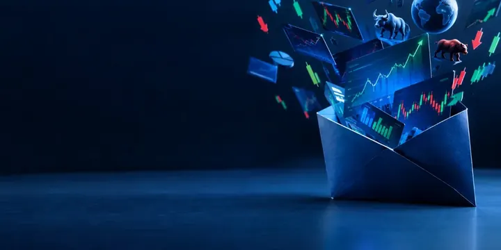 Envelope opening with charts and market icons flying out