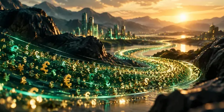 Flowing river of light made of tiny currency symbols