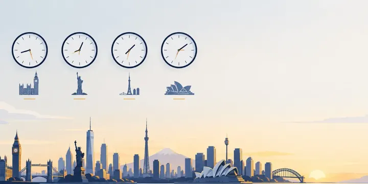 Four clocks showing London, New York, Tokyo and Sydney trading session times above a city skyline