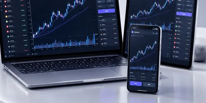 Laptop tablet and phone showing the same trading platform