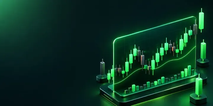 Large glowing forex candlestick chart with rising and falling candles