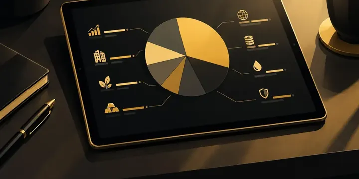 Tablet showing a diversified portfolio pie chart on a clean desk