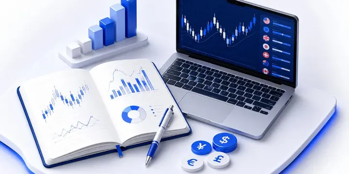 Open notebook with chart sketches beside a laptop showing currency pairs