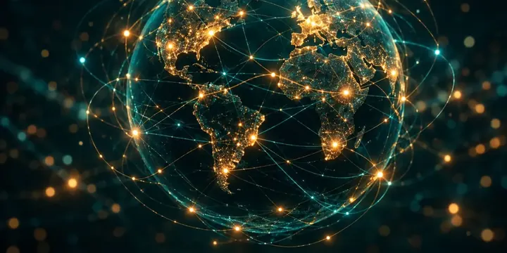 Global network of interconnected glowing nodes