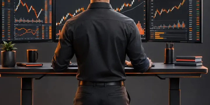 Investor at a standing desk watching fast moving intraday stock charts