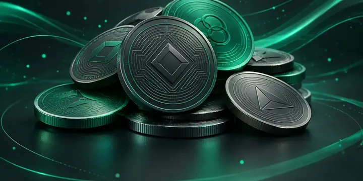 Pile of assorted generic cryptocurrency coins with abstract engraved patterns
