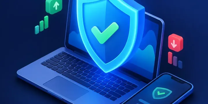 Large glowing shield over a laptop and phone