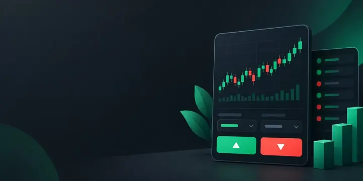 Clean buy and sell panel with green and red buttons and a candlestick chart