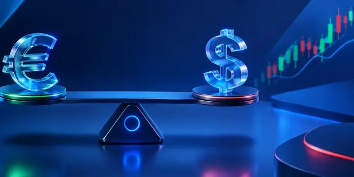 Glass euro symbol and a glass dollar symbol balanced on a sleek scale