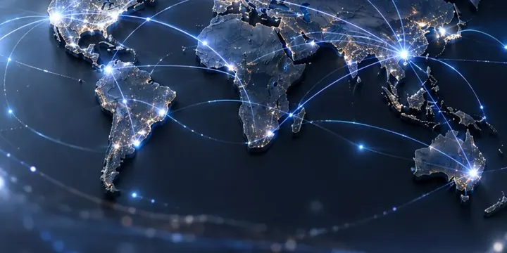 Dark world map with glowing currency flow lines connecting major financial centers