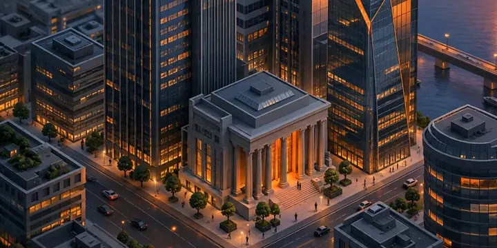 Financial district street with tall skyscrapers at dusk