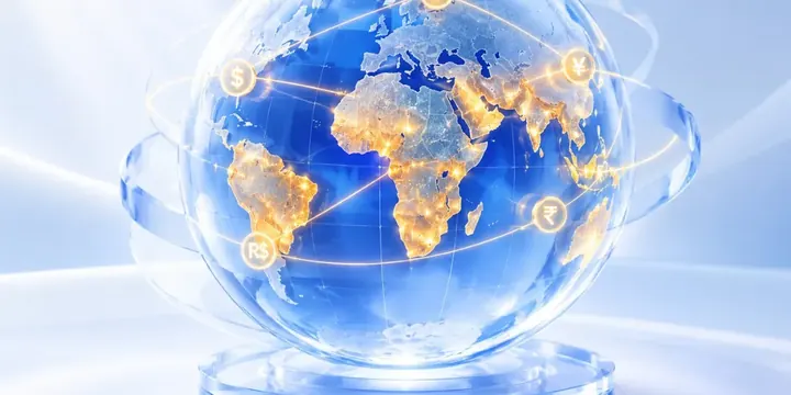Globe highlighting emerging market regions with glowing currency lines