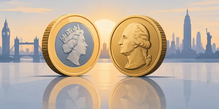 British pound coin and a US dollar coin facing each other on a reflective surface