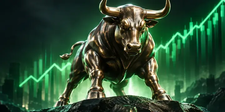Powerful bronze bull statue with rising green chart lines behind it