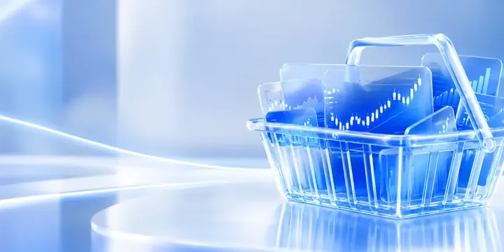 Basket made of glowing lines holding multiple mini stock charts