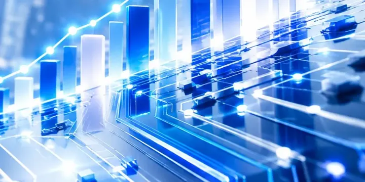 Abstract circuit patterns forming a rising stock chart
