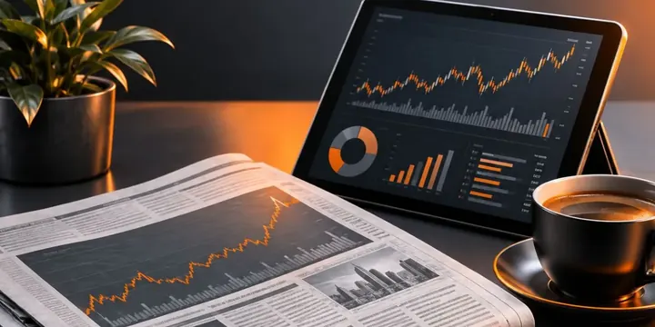 Financial newspaper tablet with charts and coffee on a desk