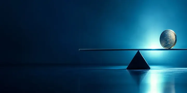 Coin resting perfectly level on a balance beam with a flat price line