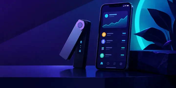 Sleek hardware crypto wallet device next to a smartphone wallet app