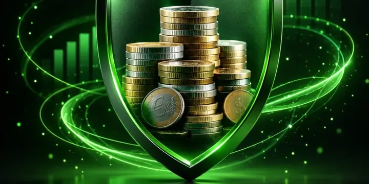 Shield protecting a stack of mixed currency coins with a chart behind
